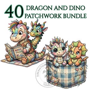 Puede incluir: Ilustración digital de dragones y un dinosaurio de patchwork. Un dragón lee un libro, y otros dos están en un bolsillo. La imagen incluye el texto "40 DRAGON AND DINO PATCHWORK BUNDLE".