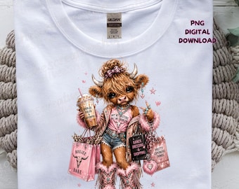 May include: A white t-shirt featuring a graphic of a brown Highland cow wearing a pink outfit, denim shorts, and fuzzy boots. The cow holds a drink and shopping bags with text including "Boujee Babe," "Not My Pasture," and "Pretty Expensive Things."