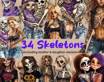 Skeleton Girl Clipart: Skull PNG, Halloween Designs (Digital Download