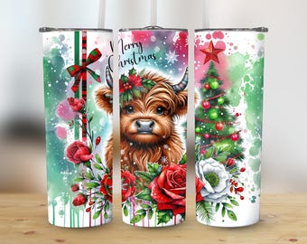 Highland Cow Christmas PNG, Roses, Xmas Tree Tumbler Wrap (Digital Download)