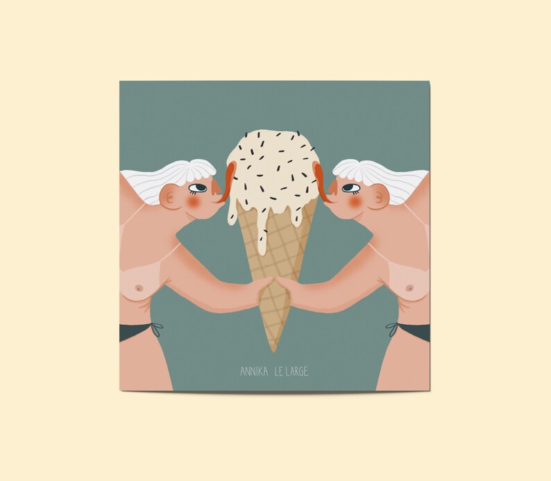 May include: Illustration of two figures with white hair and light skin, each licking a large ice cream cone with vanilla ice cream and sprinkles. The figures are holding the cone together. The background is a muted teal color, and the artist's name is at the bottom.