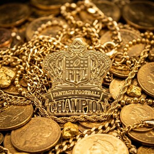 Op de afbeelding: Een goudkleurig Fantasy Football Champion kroonvormig embleem met de letters "FFL" en de woorden "Fantasy Football Champion" op een banner. Het embleem is omgeven door gouden munten en kettingen.