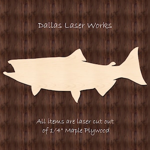 May include: A laser-cut wooden cutout of a salmon fish, made from 1/4 inch maple plywood.  All items are laser cut out of 1/4" Maple Plywood.  Dallas Laser Works.