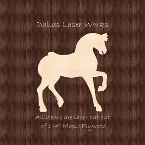 May include: A laser cut wooden horse silhouette, made from 1/4 inch maple plywood.  All items are laser cut out of 1/4" Maple Plywood.  Dallas Laser Works.