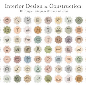 Puede incluir: Un conjunto de 140 iconos de portada de Instagram para diseño de interiores y construcción. Cada icono es un dibujo lineal minimalista dentro de un círculo de color, con herramientas, muebles y elementos arquitectónicos. El texto "Interior Design & Construction" está en la parte superior.