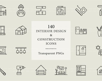 140 iconos de diseño de interiores con fondos transparentes, iconos de agentes inmobiliarios, arquitectura, construcción, renovación del hogar, mejoras del hogar