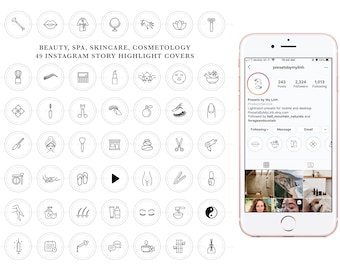 May include: A set of 49 black and white Instagram story highlight covers featuring icons related to beauty, spa, skincare, and cosmetology. The icons include a face mask, a hand holding a flower, a pair of scissors, a hair dryer, a bottle of lotion, a pair of eyelashes, a makeup brush, a nail polish bottle, and more.