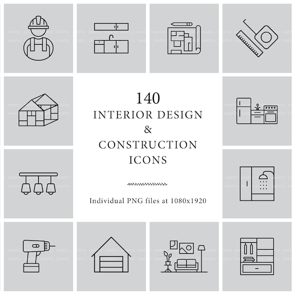 140 Interior Design, Real Estate Icons, Home Decor, Remodeling, Architecture, Construction, Renovation, General Contractor Icons, DIY, iOS14