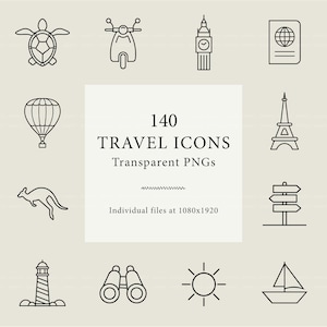 140 portadas destacadas de estilo de vida de viajes con fondo transparente / Portadas destacadas de Instagram de aventuras y actividades al aire libre / Íconos de viajes de Europa y Asia