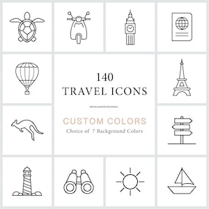 May include: A set of 140 black and white travel icons. The icons are arranged in a grid of 4 rows and 5 columns. The icons depict various travel-related objects, such as a backpack, a turtle, a scooter, Big Ben, a passport, a kayak, a teepee, a hot air balloon, the Eiffel Tower, mountains, a jellyfish, a kangaroo, a signpost, a pyramid, a taco, a lighthouse, binoculars, a sun, a sailboat, and a hut.