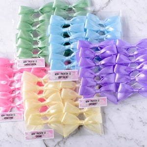 Satin Ribbon Self Adhesive Pre Tied Bows Perfect for Cakesicles, Desserts on a Stick or Party Favour Packaging. Assorted Colours. 3 Sizes.