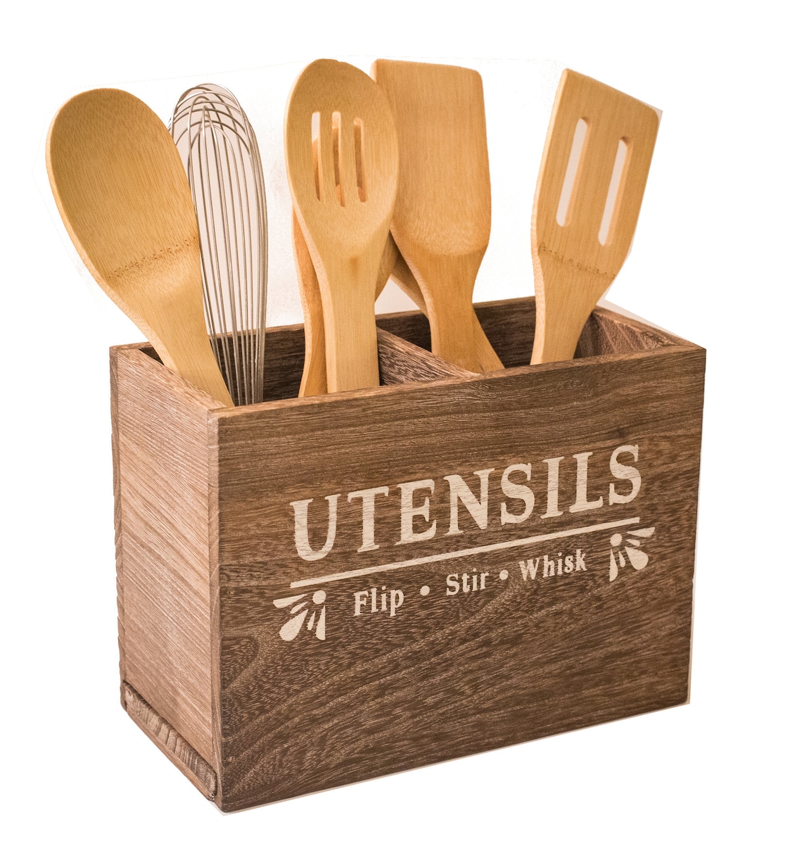 Wood Double Utensil Holder With Painted Design and Slide Out Bottom