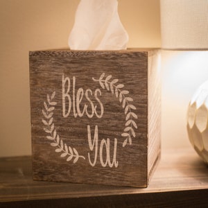 Bless You Wood Tissue Box Cover Square Rustic Holder with Slide-Out Bottom