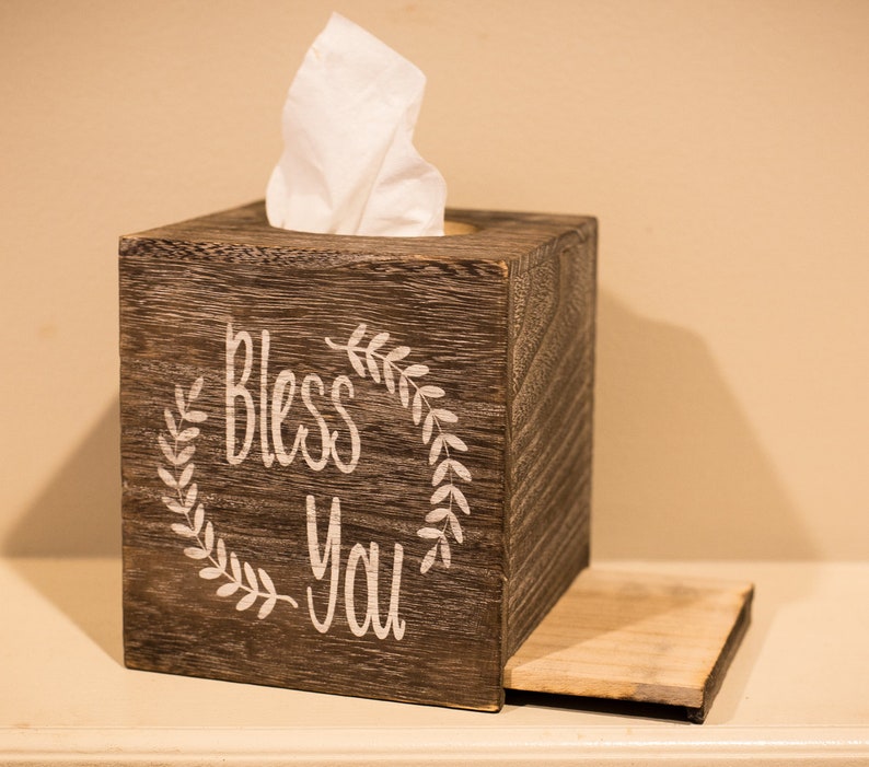Bless You Wood Tissue Box Cover Square Rustic Holder With Slideout