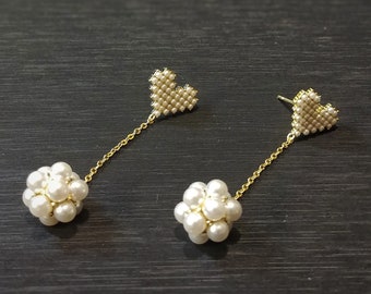 Heart Shaped Pearl Cluster Drop Earrings, 14K Gold Plated Sterling Silver Earrings