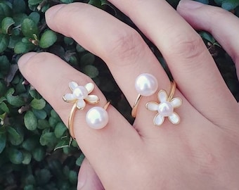 Spiral Pearl Flower Ring, Adjustable Statement Ring, Gold Stacking Ring