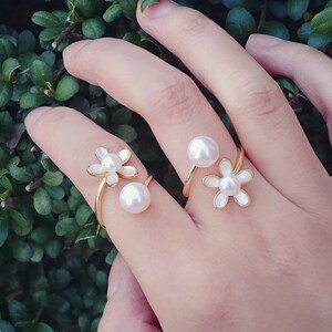 Spiral Pearl Flower Ring, Adjustable Statement Ring, Gold Stacking Ring