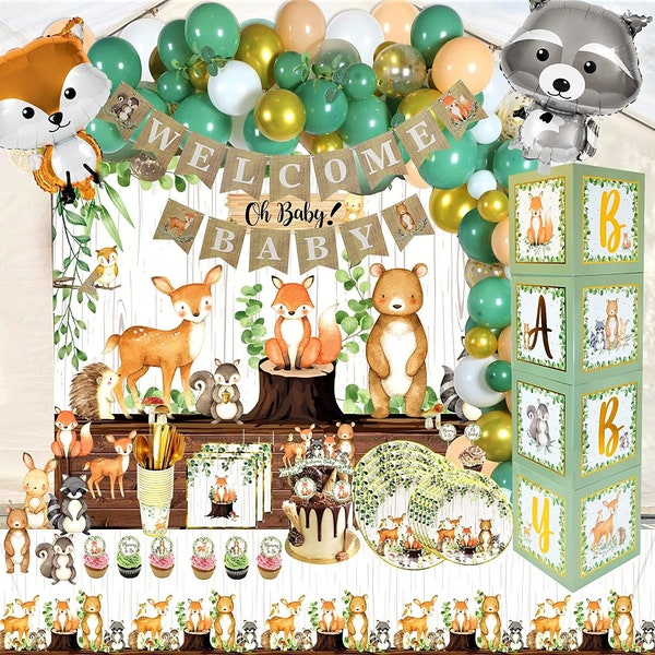 MEGA 257Pc Woodland Baby Shower Decorations for Boy Or Girl Kit | Gender Neutral Forest Animal Decor | BABY boxes | Banners Garland Balloons