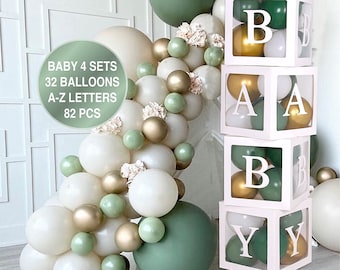 82 PCS Baby Shower Decorations for Boy Girl Kit -  Baby Block Balloon Box Includes BABY, Alphabet Letters White Sage Green Gold Balloons