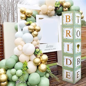 101 PC Greenery Bridal Shower Decorations Balloon Boxes Gold- Blocks with Bride To Be + Groom + A - Z Letters and 40 Balloons- Parties