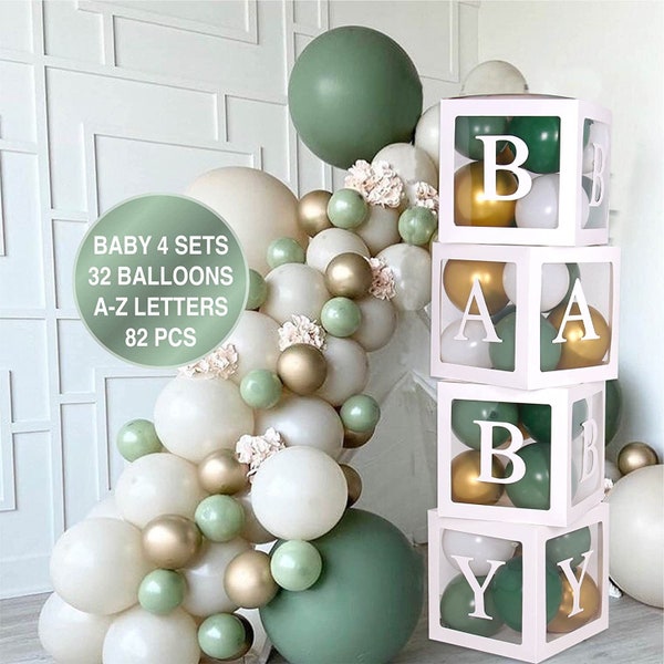 Kit de 82 piezas de decoraciones para baby shower para niño y niña, caja de globos con bloques para bebé que incluye letras del alfabeto para bebé, globos blancos, verdes y dorados