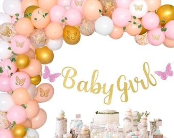 Butterfly Garden Baby Shower Decorations For Girl – 110 Piece Pink Balloon Garland Arch Kit Decor, Baby Girl Glitter Banner Foil Butterflies