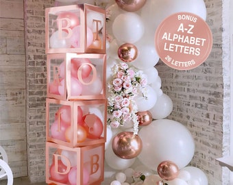 Bridal Shower Decorations Balloon Boxes Rose Gold- 96pcs Transparent Block with Bride to BE + Groom + A-Z Alphabet Letters and 40 Balloons