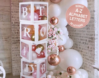 Bridal Shower Decorations Balloon Boxes White- 96pcs Transparent Block with Bride to BE + Groom + A-Z Alphabet Letters and 40 Balloons