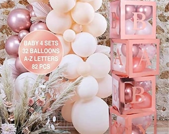82PCS Rose Gold Baby Shower Decorations For Girl Kit - Jumbo Transparent Baby Block Balloon Box White Gold Balloons, Gender Reveal Backdrop
