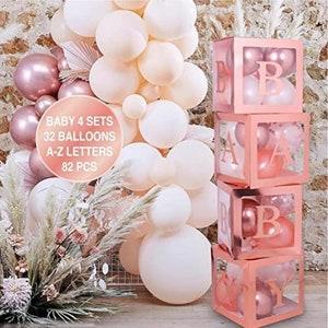 82 STÜCKE Rose Gold Baby Shower Dekorationen für Mädchen Kit - Jumbo transparenter Baby Block, Ballon-Box Weißgoldballons, Geschlecht offenbaren Hintergrund