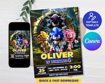Sonic 3 Birthday Invitation, Super Hedgehog Boys Party Invite, Super Sonic Party Invitation, Sonic Birthday Invite, Editable Sonic Invite