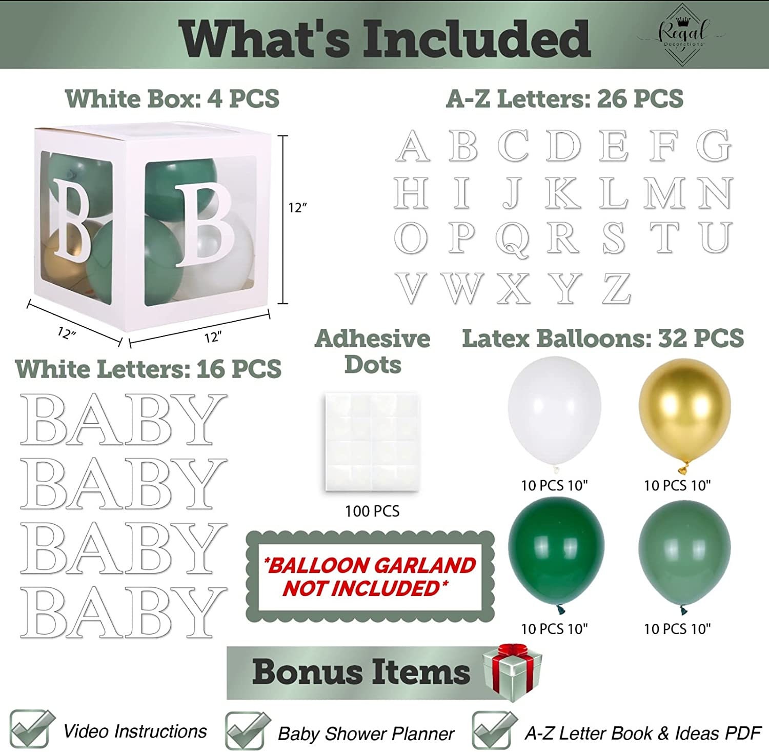 Décoration Fête Lettres Lot De 52 Ballons Lettres Vertes Aluminium A-Z + Accessoires - Bannière Personnalisée Anniversaire, Mariage, Baby Shower
