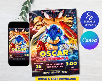 Sonic 3 Birthday Invitation, Super Hedgehog Boys Party Invite, Super Sonic Party Invitation,  Sonic birthday invite Editable in Canva Invite