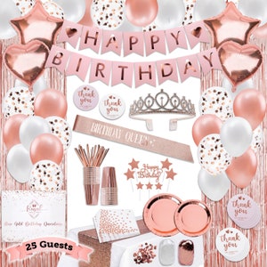 225PC Rose Gold Birthday Party Decorations Kit for Girls, Teens, Women - Birthday Banners Curtains Table Runner Tiara Cake Topper Plates Cup