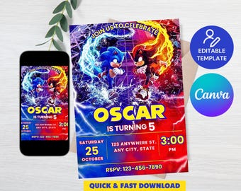 Sonic 3 Birthday Invitation, Super Hedgehog Boys Party Invite, Super Sonic Party Invitation, Editable Sonic Editable in Canva Invite