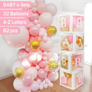 Baby Shower Decorations for Girl - 82pcs Transparent Baby Block Balloon Box White, Pastel Pink Gold, Confetti Balloons