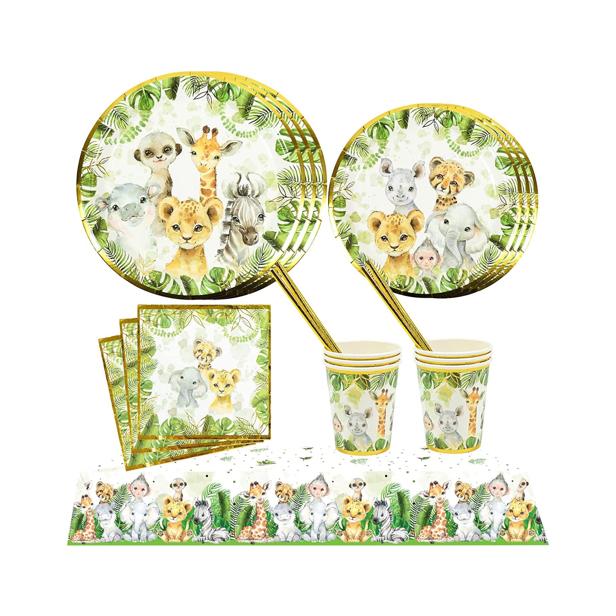 Jungle Safari Baby Shower Decorations Birthday Party Supplies Tablecloth Plates Napkins Straws Cups of Wild Animal Tableware