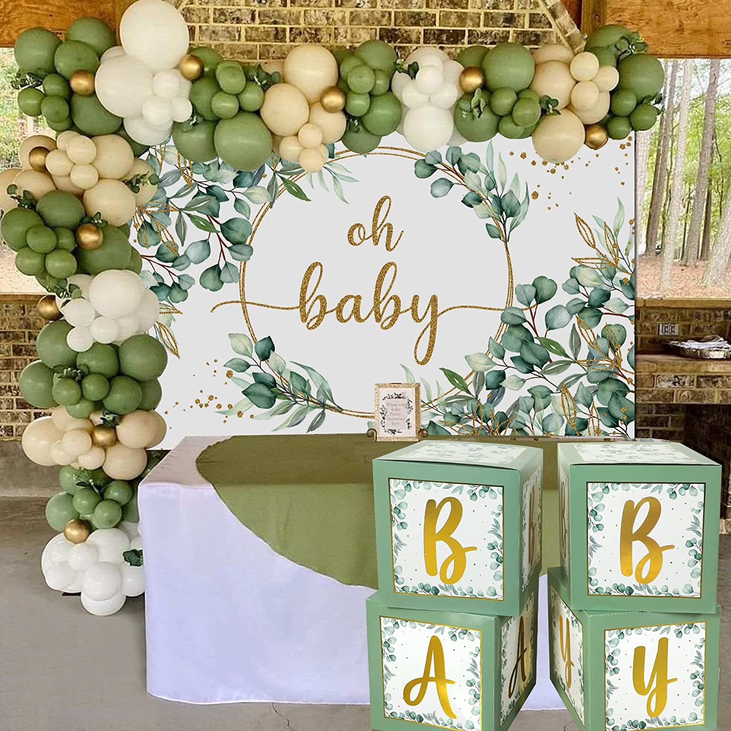 Verde salvia e pesca Baby Shower Decorazioni Oh Baby Banner Salvia Pesca Crema Carta velina Pom Poms Fiori Ventagli di carta Cerchio Dot Garland Neutro Partito Ragazzo Ragazza Genere Rivela