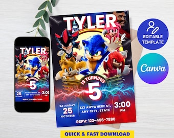 Sonic 3 Birthday Invitation, Super Hedgehog Boys Party Invite, Super Sonic Party Invitation, Sonic Birthday Invite, Editable Sonic Invite
