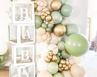 Baby Shower Decorations For Boy or Girl Kit - Jumbo 4 pcs Transparent Premium Balloon Boxes Decor with Letters, Balloon Blocks - NO BALLOONS