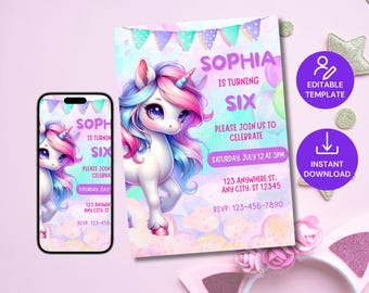 Editable Unicorn Birthday Invitation, Unicorne Invite for Girls, Rainbow Unicorn Party, Printable Unicorns Bday Invite, Party Girl Invitate