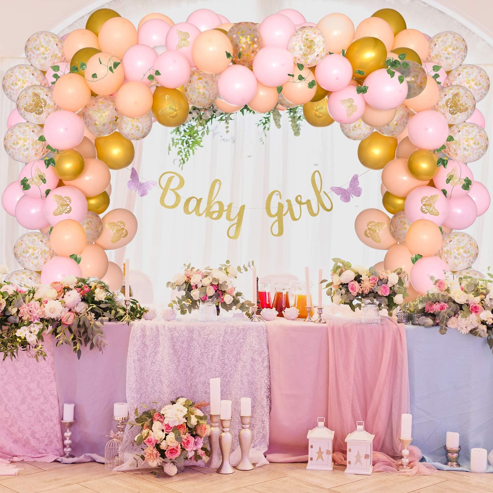 Decoraciones de baby shower de jardín de mariposas para niñas: 110 piezas  de globo rosa Garland Arch Kit Decoración, Baby Girl Glitter Banner Foil  Mariposas -  México