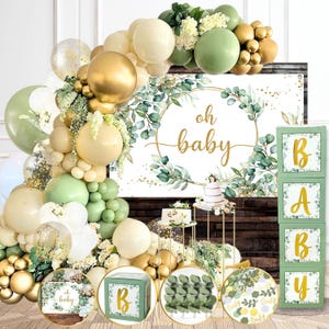 243 Pc Sage Green Baby Shower Decorations For Boy Or Girl, Rustic Gender Neutral Sage Balloon Garland Kit, BABY Boxes Blocks Backdrop