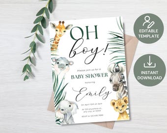 EDITABLE Safari Oh Boy Baby Shower Invitation Boy, African Jungle Safari Baby Shower Invite, Printable Safari Baby Shower Invitation