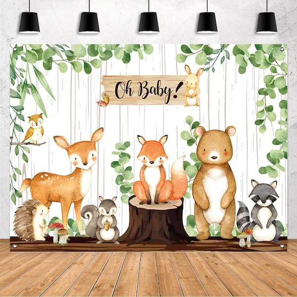 Woodland Baby Shower Backdrop Banner Decorations For Boy & Girl Safari Jungle Animal Theme Birthday Party Woodland Forest Background Decor