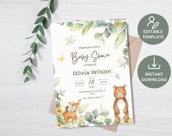 EDITABLE Woodland Baby Shower Invitation Boy, Woodland Creatures Baby Shower Invite Spring Forest Animals Invites Template, Gender Neutral
