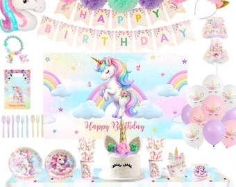 191 Pc Unicorn Birthday Decorations for Girls, Complete Party Supplies Kit with Backdrop, Banner, Plates, Napkins, Balloons & Tablecloth