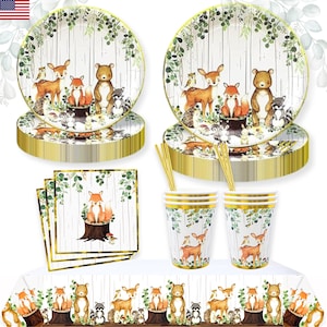 Woodland Baby Shower Decorations Boy and Girl -  Creatures Theme Tableware Set, Tablecloth, Paper Plates, Napkins & Cups of Forest Animals