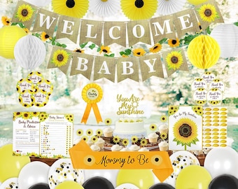 207 PC Sunflower Baby Shower Decorations for Girl or Boy Kit - Welcome Baby Pre-Strung Banners, Flower Vine, Guestbook Sash, Yellow Balloons