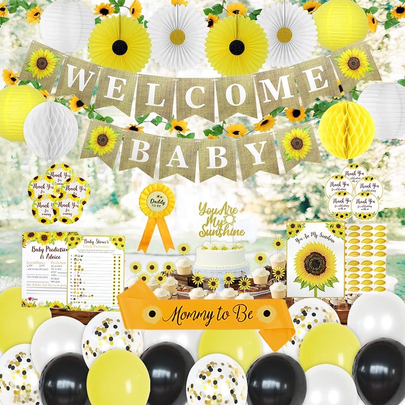 207 PC Sunflower Baby Shower Decorations for Girl or Boy Kit Welcome Baby PreStrung Banners Flower Vine Guestbook Sash Yellow